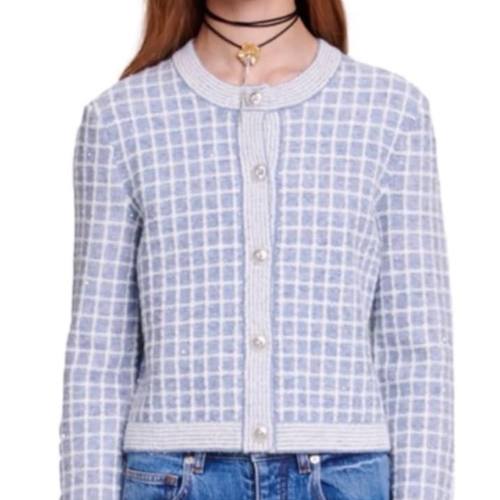 NWT Maje knit cardigan. Sequins and metallic thread. Clover branded buttons